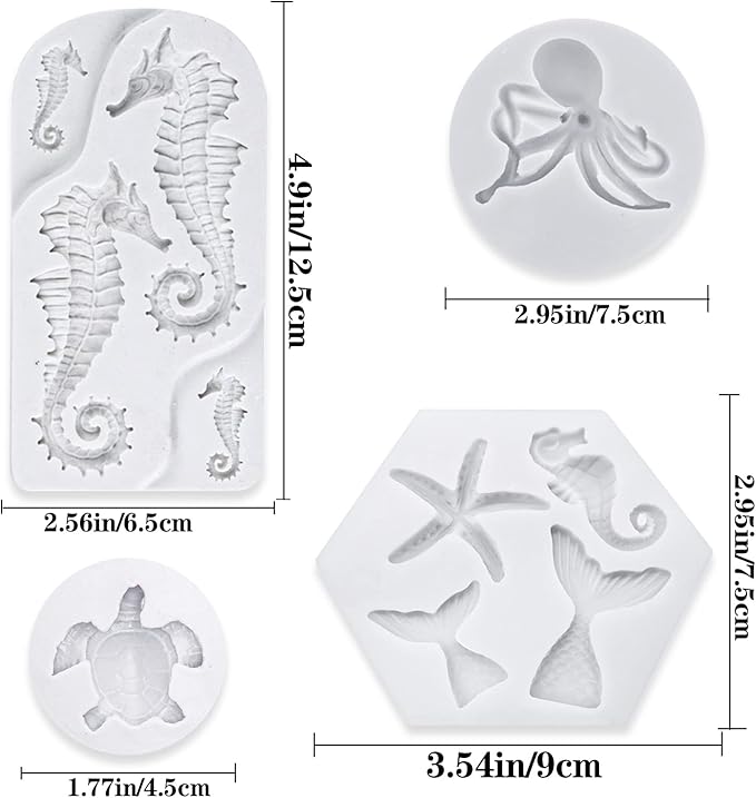 4 PCS Marine Theme Fondant Silicone Mold Hippocampus Turtle octopus Shape DIY Handmade Baking Tools, For Theme Cake Cookie Chocolate Candy Decoration Fondant Polymer Clay