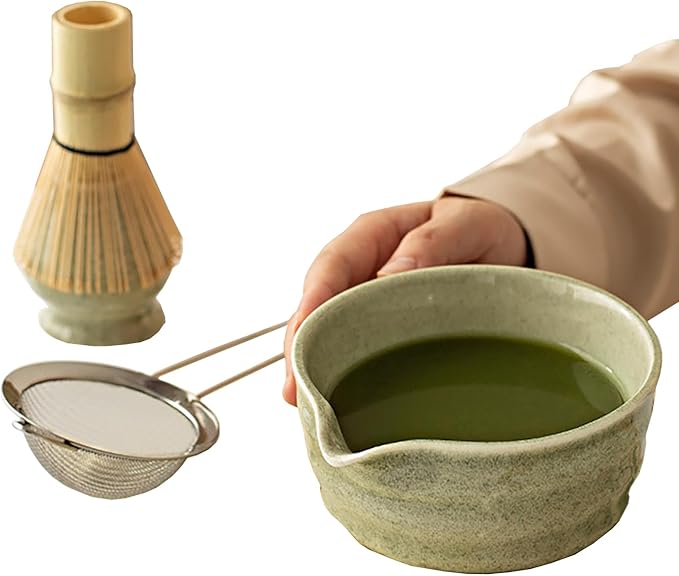 Matcha Tea Set, 5-Piece Ceremonial Kit with Ceramic Matcha Bowl (Chawan), Bamboo Whisk (Chasen) & Holder, Stainless Steel Sifter, Bamboo Scoop (Chashaku) — Japanese Tea Ceremony Gift (Green)