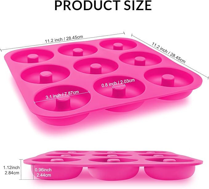 Large Silicone Donut Pan for Baking, 9 Cavity Non-Stick Food Grade Silicone Donut Molds, Doughnut Pan and Bagel Pans for Baking & Kitchen, BPA Free 11.2 x 11.1 Inches, Dishwasher Safe - Hot Pink