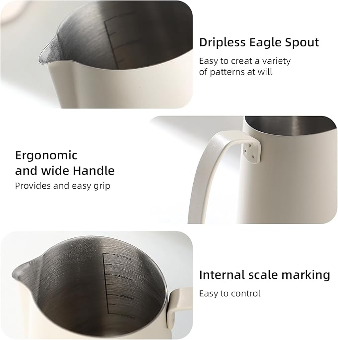 Milk Frothing Pitcher 750ML - Espresso Steaming Pitcher with Large Handle and Scale,Stainless Steel Milk Frothing Cup for Cappuccino, Latte Art,Coffee Machine Accessories (White)