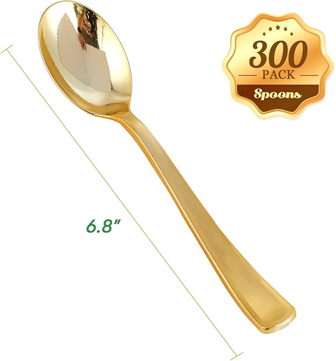 FOCUSLINE 300 Pack 6.8" Disposable Gold Plastic Spoons, Solid and Durable Plastic Cutlery Spoons, Heavy Duty Disposable Utensil Silverware for Catering, Parties, Dinners, Weddings