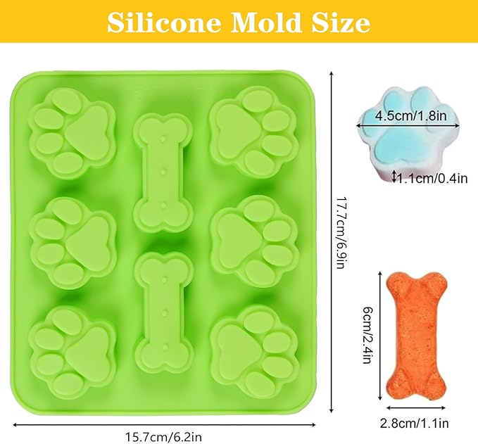 2 Pack Puppy Dog Paw and Bone Shaped 2 in 1 Silicone Molds, Reusable Non-Stick Ice Cube Trays & Candy Chocolate Molds for Homemade Dog Treats, Pudding & Baking Biscuit (Green Orange)