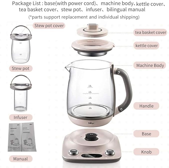 Bar 1.8L Health- Care Beverage Tea Maker and Kettle YSH-C18R1, Durable 316 Stainless Steel & Glass Brew Cooker Master,8-in-1 Programmable, 4 Range Temperature Warming Function, Pink