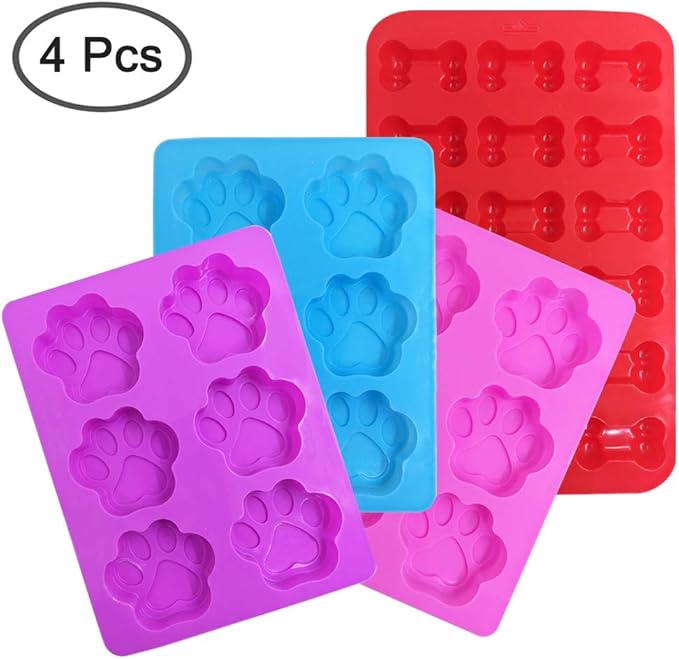 4 Pcs Silicone Candy Chocolate Molds, FineGood Puppy Dog Paw & Bone Shaped Ice Cube Trays Cookies Baking Pans for Making Frozen Dog Treats Soap Bars - Red, Blue, Purple, Pink