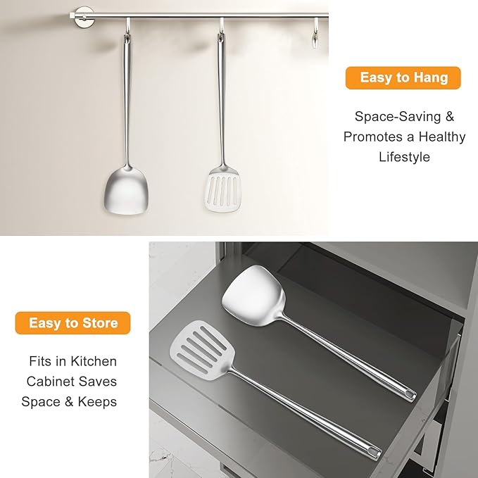 18/10 Stainless Steel Cooking Utensils,2 Pcs All Metal Stainless Steel Kitchen Utensils Set with Wok Spatula,Slotted Spatula Turner(Dishwasher Safe)