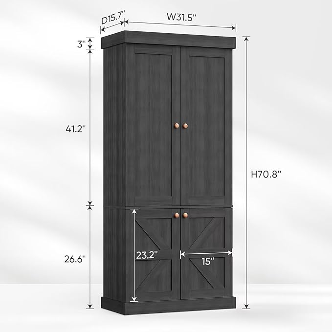 70.8" Tall Bookshelf with Doors, Farmhouse Modular Bookcase with 4-Tier Adjustable Shelves, Large Storage Cabinet for Home Office, Living Room, Black, Set of 2