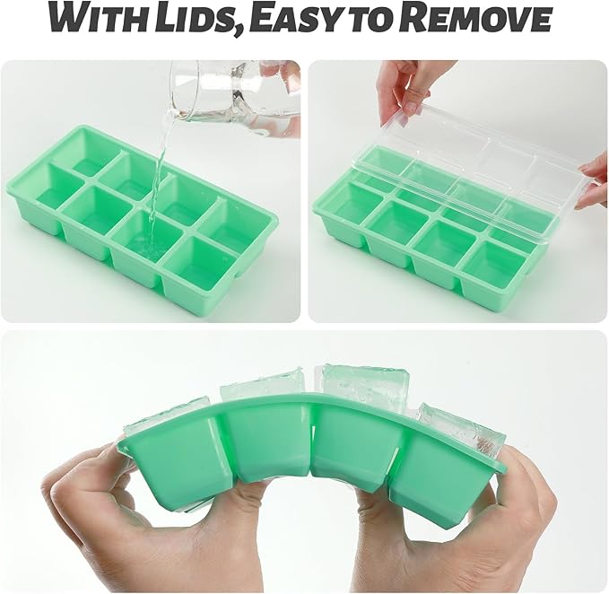 Large Ice Cube Trays, JRISBO 2 Pack Reusable Silicone Ice Cube Molds with Lid for Freezer, Easy Release 16 Big Square Ice Trays for Whisky Cocktails