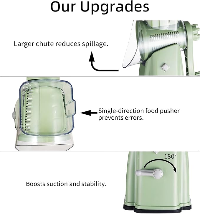 Rotary Cheese Grater Shredder - Upgraded 5 in 1 Cheese Grater with Handle and Strong Suction Base, Multi-purpose Julienne Slicer Ice Shaver Nuts Grinder for Ice, Vegetables, Fruit, Nuts