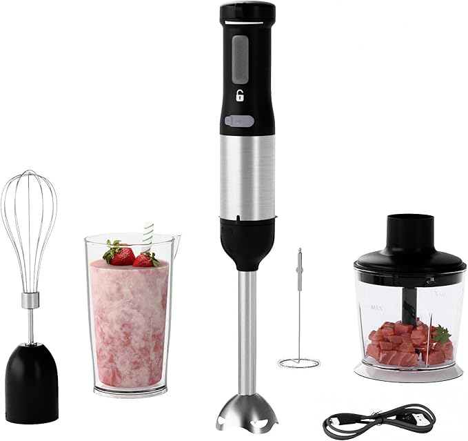 Cordless Immersion Hand Blender, 5-in-1 Variable Speed blender handheld,Rechargeable with 2000mAh Battery, BPA-Free & Dishwasher-Safe Accessories:700ml Beaker,Chopper,Whisk & Milk Frother,Ink
