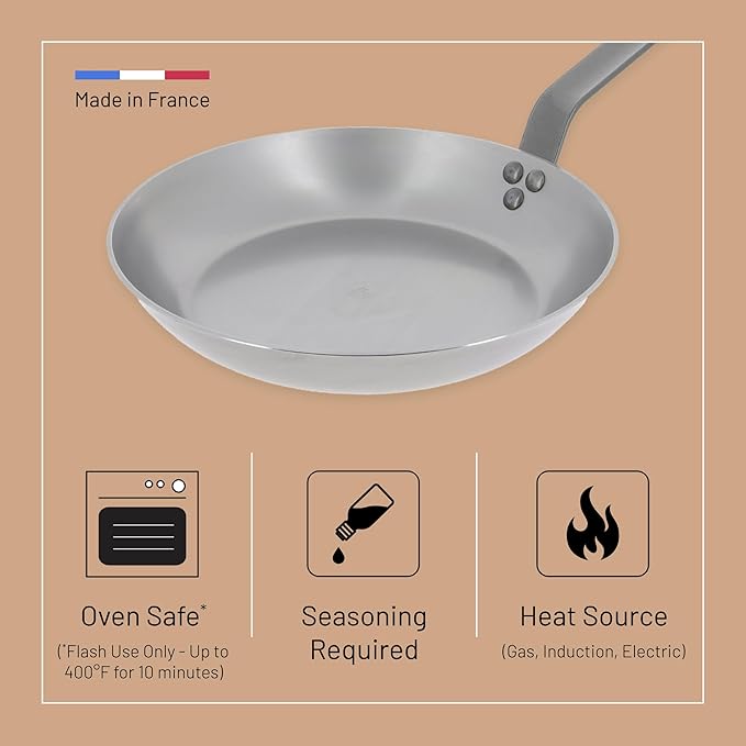 De Buyer MINERAL B Carbon Steel Omelette Pan - 11” Diameter, 8.3” Cooking Surface - PFAS, PFOA & PFOS Free - Made in France