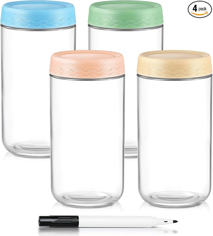 DRKIO 24 Oz Overnight Oats Containers with Lids - 4 Pack Glass Storage Jars with Airtight Lids Wide Mouth Mason Food Jars Great for Meal Prep Salad Chia Pudding Snacks Yogurt Sugar Spice Cereal