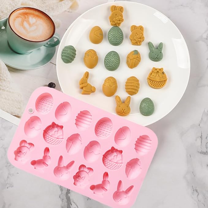 2 Pcs Easter Silicone Chocolate Molds, 18 Cavity Mini Bunny Egg Candy Molds Design for Making Jellies, Soft Candy, Ice Cubes, Wax Melts, Soaps, Resin etc Cake Decoration