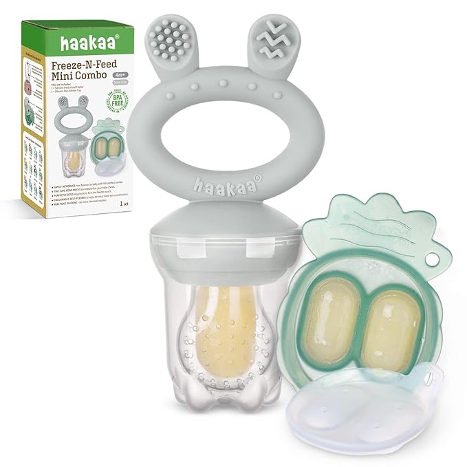 Haakaa Baby Fruit Food Feeder & Mini Freezer Nibble Tray Combo, Breastmilk Popsicle Molds for Baby Cooling Relief, BPA Free Silicone Feeder for Safe Infant Self Feeding, 4 Month+ (Slate Grey)