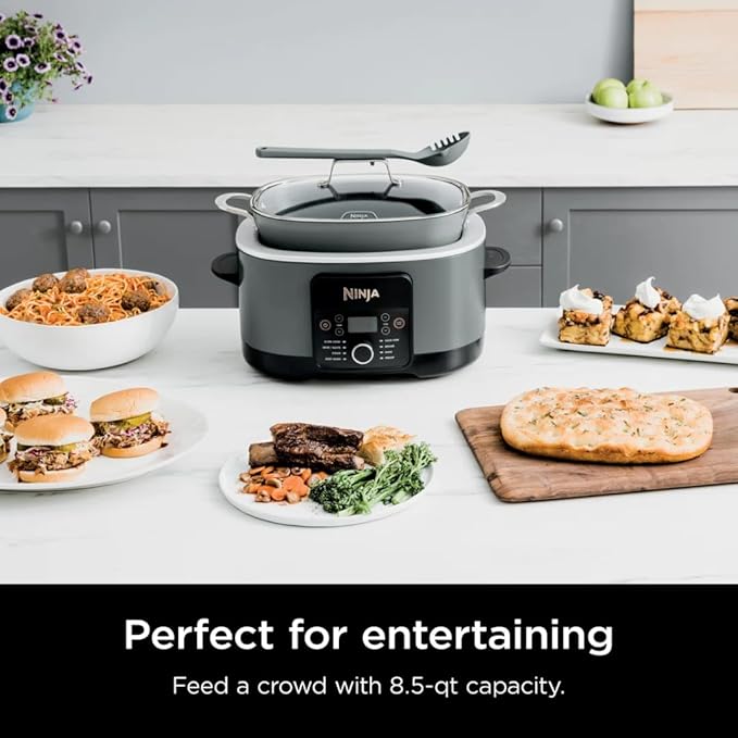 Ninja Foodi 8-in-1 Everyday Possible Cooker PRO 8.5-Quart Multi-Cooker with Glass Lid, Slow Coorker Integrated Spoon, and Non-Stick, Oven-Safe Pot,Sea Salt Grey