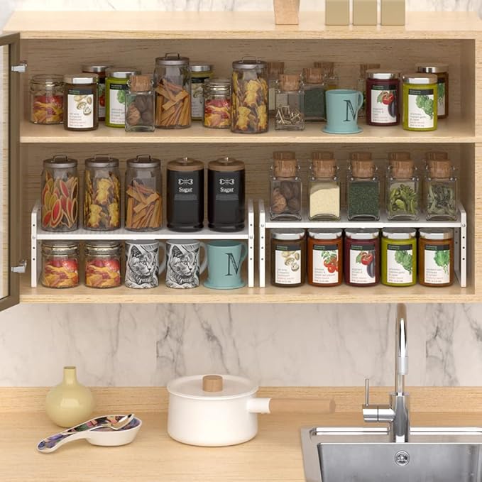 Expandable Counter Organizer Shelf (16.5'' to 27.2''), Countertop Organizer Kitchen Bathroom Pantry Cupboard Home Office for Cups, Dishes, Plates -White