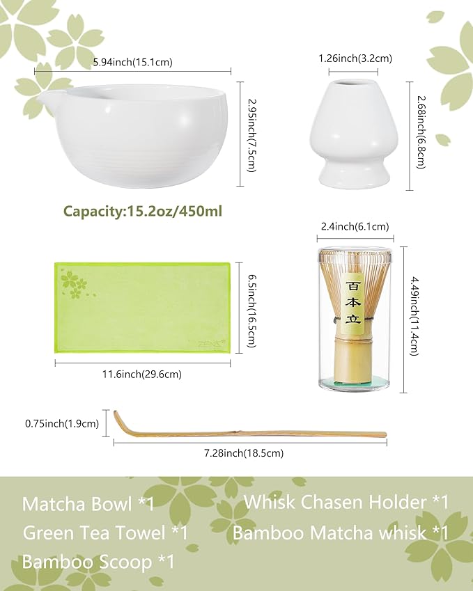 ZENS Matcha Whisk Set, 5pcs Matcha Kit Set Includes Ceramic Bowl, Bamboo Whisk and Chasen Holder, Scoop & Tea Mat，Matcha Tea ceremony Gift for Matcha Lovers, White