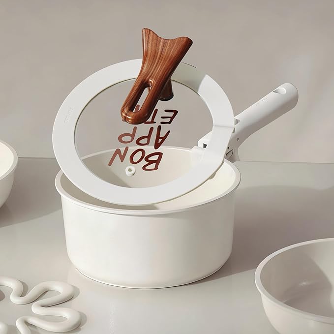 CAROTE Ceramic Sauce Pan Sets with Stand-Up Lid 2QT, 3QT & 4QT, 11 Piece NonStick Kitchen Cookware Sets with Detachable Handle, Non Toxic Cooking Pot, Oven Safe, Induction Ready, Cream White
