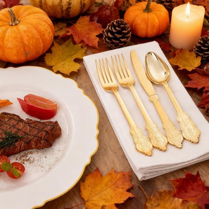 WDF 300 Pieces Gold Plastic Silverware Disposable - Heavy Duty Thanksgiving Plastic Cutlery - Gold Silverware Sets Includes 100 Forks, 100 Spoons, 100 Knives