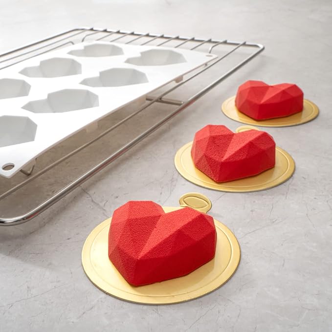 Pastry Tek 8 Cavities Diamond Heart Molds, 10 Oven-Ready Geometric Heart Molds - Flexible, Freezable, White Silicone Heart Baking Molds, Easy Release, For Baking - Restaurantware