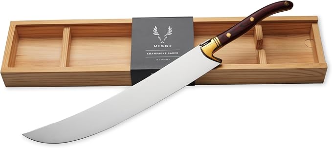 Viski Champagne Saber Sword in Wooden Box, Curved Stainless Steel Blade and Wood Handle, Elegant Home Bar Tool for Celebrations, Weddings, Parties, and Housewarming Gifts, Set of 1