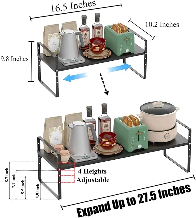 Expandable Kitchen Cabinet Shelf Organizers 3 Pack, Stackable Metal Pantry Storage Shelves Rack, Adjustable Counter Shelf for Cabinets, Countertop, Cupboard Organizers and Storage, Black