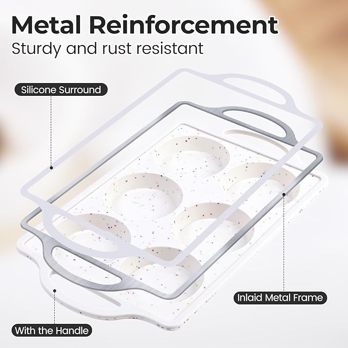 Muffin Top Pan with Metal Reinforced Frame, Silicone Egg Molds for Breakfast Sandwiches 3 Inch Round Baking Pan for Oven English Muffins, Whoopie Pies, Corn Bread, Egg Bites, Tarts 3 Pack Confetti