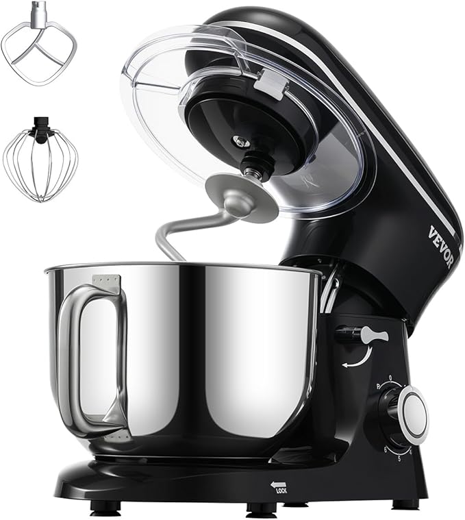 VEVOR Stand Mixer, 6 QT Dough Mixer, 660W 6 + P Speeds Tilt-head Food Mixer with Stainless Steel Bowl, Dough Hook, Wire Whip, Flat Beater, Scraper,Household Stand Mixer for Baking & Mixing, Black