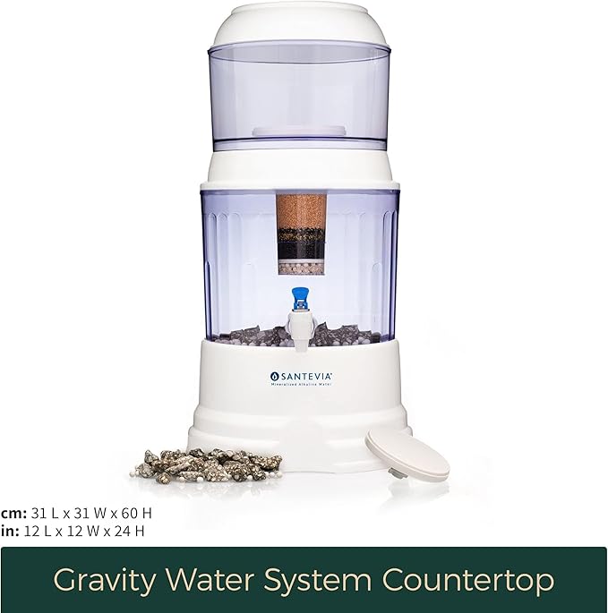 Santevia Gravity Water System Filter | at Home Water Filter That Makes Water Alkaline and Adds Minerals | Chlorine and Fluoride Filter (Countertop Model)