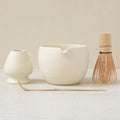 Matcha Whisk Set, Ceramic Matcha Bowl & Whisk Holder, Bamboo Accessory, Modern Design (Matte Crème, Pouring Spout)
