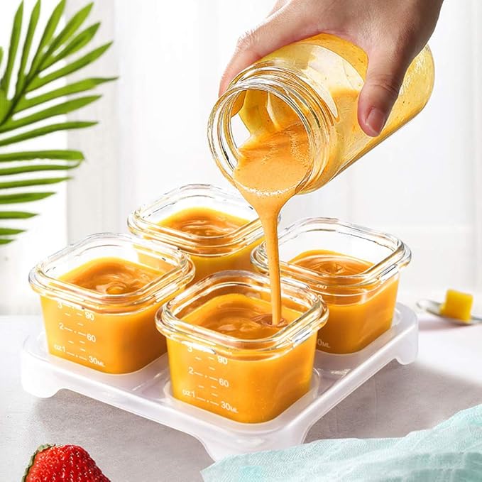 Matyz 4-Pack Glass Baby Food Jars With Lids Airtight Freezer Microwave Oven Safe (Mint Green, 4 OZ Each) - Small Solid Food Storage Containers Baby Stackable Baby Food Containers Glass