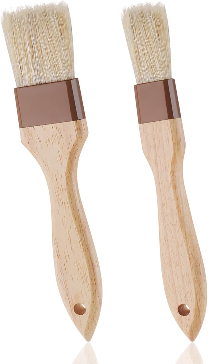 2 Pcs Natural Bristle Pastry Brush, Beech Wooden Handle Basting and BBQ Brushes for Cooking, Butter, Oil, Marinade, Grilling & Baking, Kitchen Food Brush (1 inch & 1.5 inch)