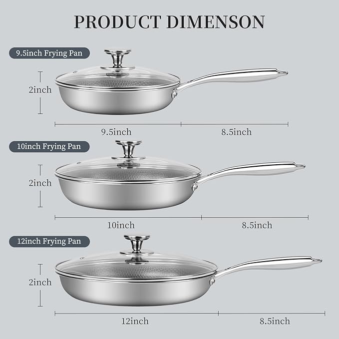 Innerwell 6 Piece Stainless Steel Frying Pan Set with Lids, Nonstick Honeycomb Frying Pan Set, 3pcs W/Stay Cool Handle, Skillet Works Pan for Cooking with Induction, Gas, Ceramic & Electric Stovetops
