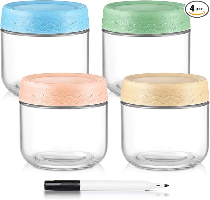DRKIO 10 Oz Overnight Oats Containers with Lids - 4 Pack Glass Storage Jars with Airtight Lids Wide Mouth Mason Food Jars Great for Meal Prep Salad Chia Pudding Snacks Yogurt Sugar Spice Cereal
