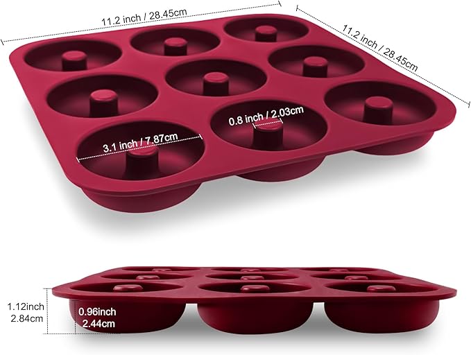 Large Silicone Donut Pan for Baking, 9 Cavity Non-Stick Food Grade Silicone Donut Molds, Doughnut Pan and Bagel Pans for Baking & Kitchen, BPA Free 11.2 x 11.1 Inches, Dishwasher Safe - Claret Red