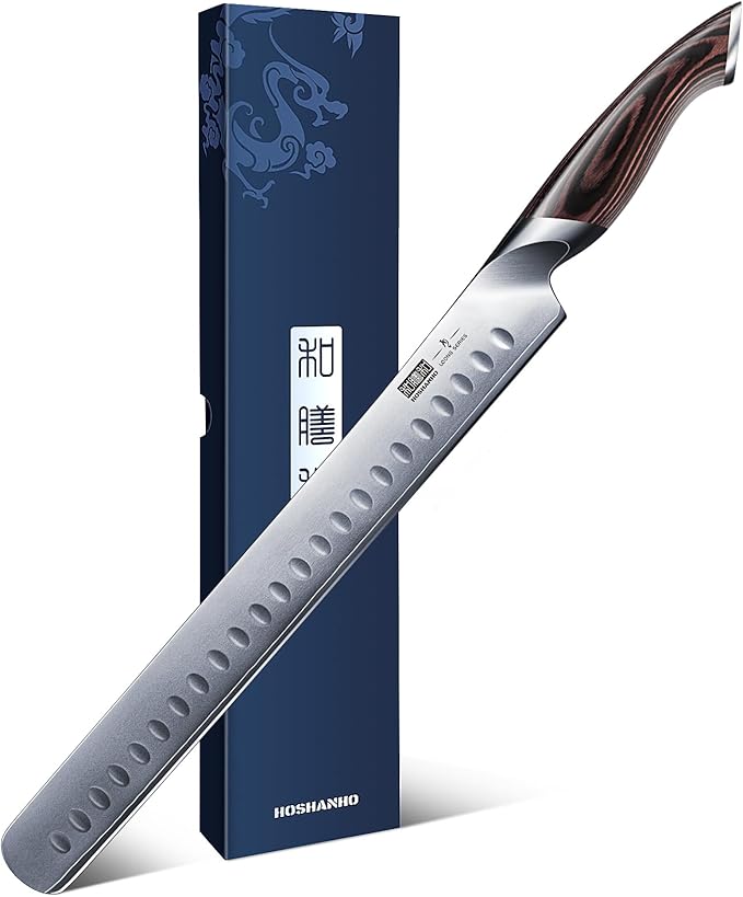 HOSHANHO Carving Knife 12 Inch, Japanese High Carbon Steel Slicing Knife with Ergonomic Pakkawood Handle, Razor Sharp Brisket Knives for Meat Cutting, BBQ, Turkey
