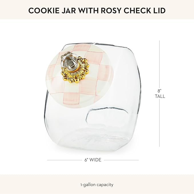 MACKENZIE-CHILDS Cookie Jar with Enamel Lid, Large Glass Treat Jar or Kitchen Jar, 1-Gallon Capacity, Pink-and-White Rosy Check