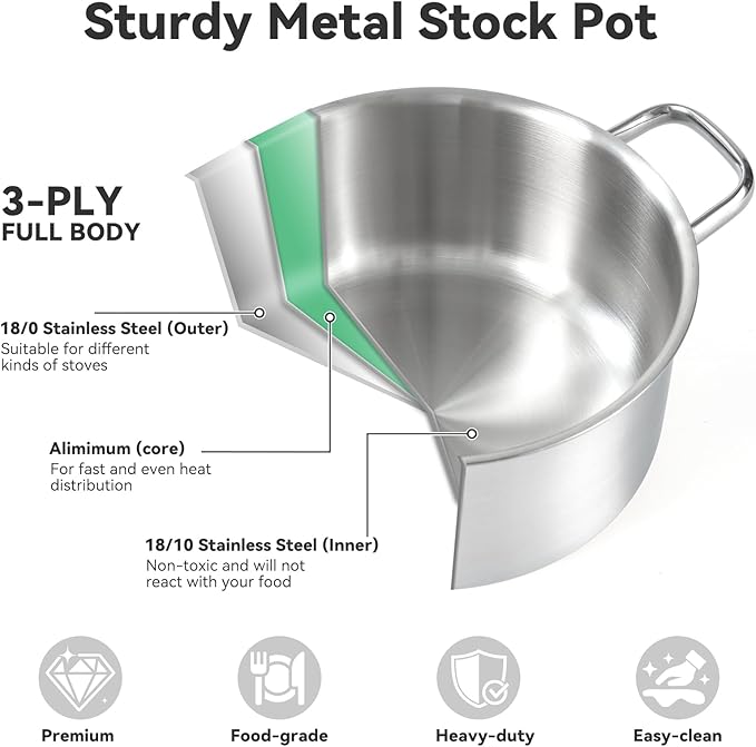 3QT Stock Pot, 316L Stainless Steel Stockpot with Lid, Professional Multi-Use Soup & Pasta Cooking Pot, Oven, Gas and Dishwasher Safe