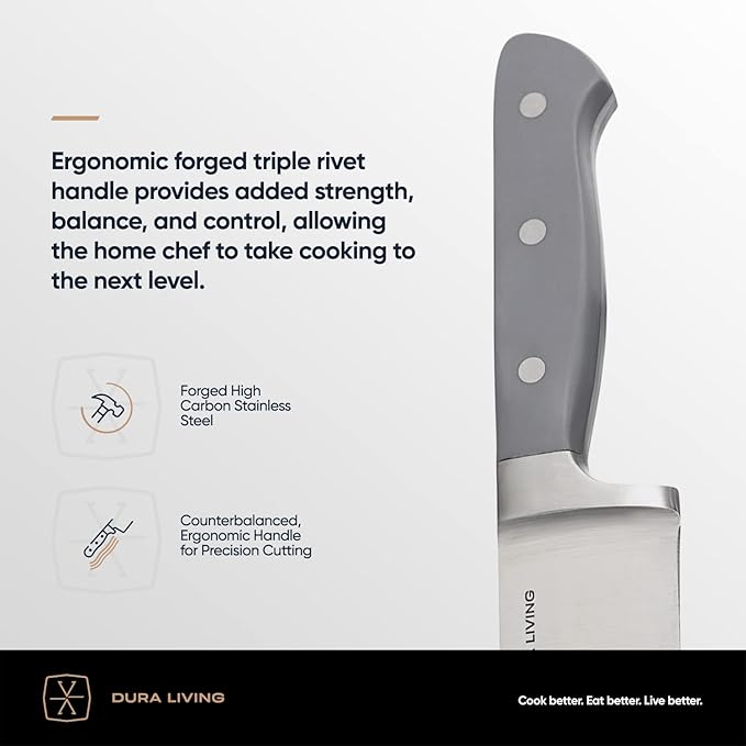DURA LIVING Chef's Knife Set, 4 Piece Cutlery Knife Set, Superior Forged High Carbon Stainless Steel Ultra Sharp 8 Inch Chef, 7 Inch Santoku, 5 Inch Utility, 3.5 Inch Paring Knives, Grey