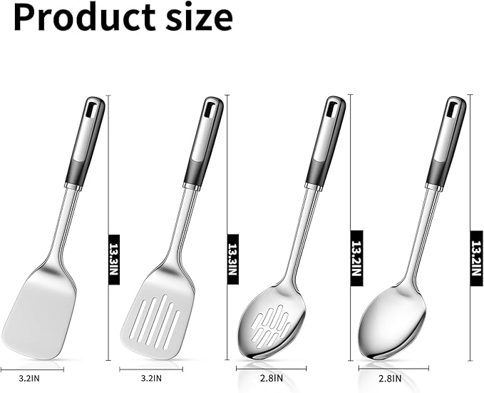 Pack of 4 Cooking Utensils Set, Large Solid Spatulas, Heat Resistant Slotted Spoons, Ideal Kitchen Turners for Frying, Mixing,Serving,Draining,Turning,Stirring