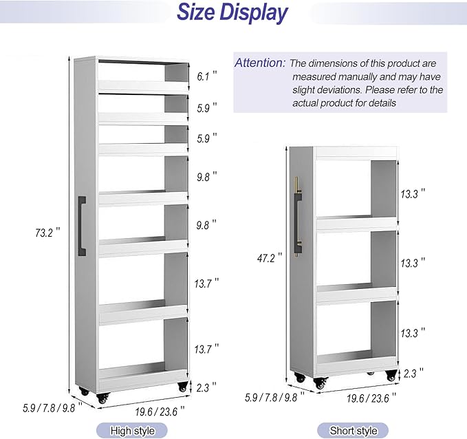 7-Tier Slim Storage Cart, Wooden Rolling Pantry Cabinet with Wheels, Narrow Shelf Organizer for Kitchen, Bakers Rack, Dining Room, Closet, Small Spaces Light Walnut 73.2''H*7.8''W*19.6''D
