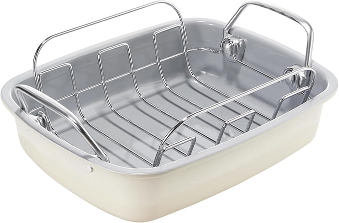 KITESSENSU Nonstick Turkey Roasting Pan with Rack 17 x 14 inch - Large Chicken Roaster Pan for Oven - Wider Handles & Heavy Duty Construction - Suitable for 24lb Turkey, Cream