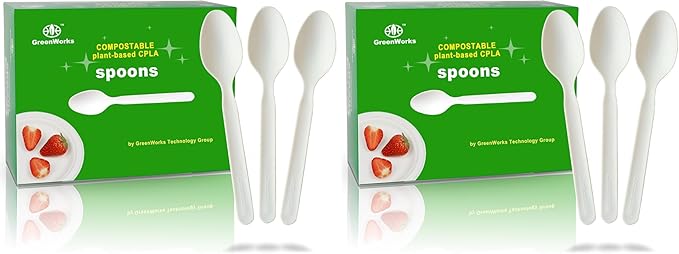 GreenWorks 200 Count Heavy-duty Compostable spoons, BPI Certified Large Disposable Flatware Utensils Spoon (Pack of 2)