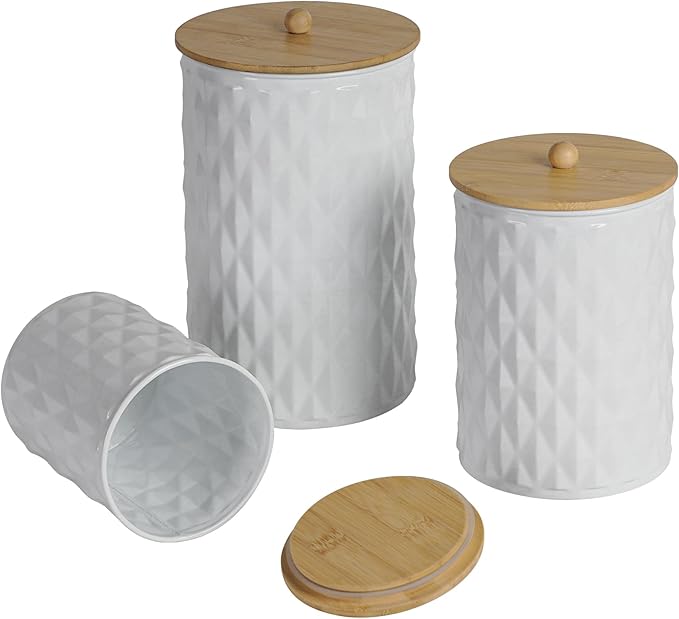 Kitchen Canister Set of 3 Tea Coffee Sugar Containers with Airtight Bamboo Lids Food Flour Storage for Countertop Metal White Diamond Pattern Embossed Farmhouse Decor