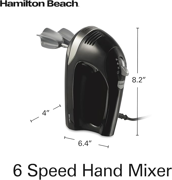 Hamilton Beach 6-Speed Electric Hand Mixer with Whisk, Dough Hooks and Easy Clean Beaters, Powerful 275 Watt Motor, Snap-On Storage Case, Black