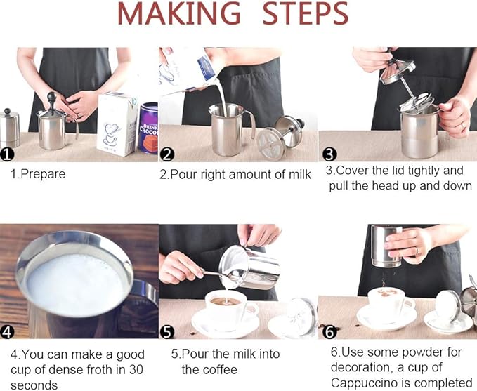 Manual Milk Frother, 400ml/14oz Stainless Steel Creamer Frother Milk Steamer Latte Cappuccino Coffee Foamer FrotherHandled Metal Creamer Foamer Pitcher With Handle Lid