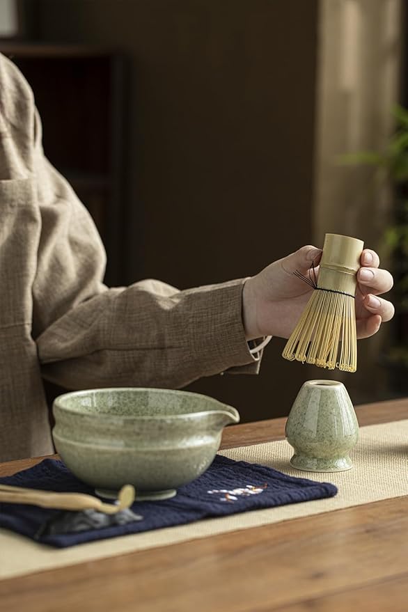 Matcha Whisk Set – 8 Pcs Matcha Set with Ceramic Bowl with Spout, Bamboo Whisk, Holder, Scoop, Sifter, and Tea Towel – Complete Japanese Matcha Kit for Ceremony and Gift (Matcha Green)