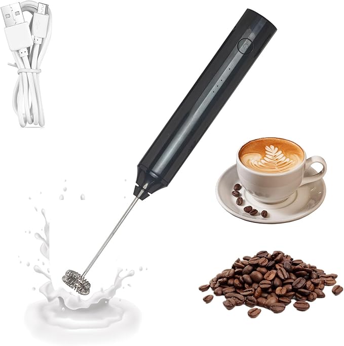 Milk Frother-Handheld Electric Whisk for Coffee, Latte, and Hot Chocolate (Plastic body-Built in 1200mAh lithium battery, USB rechargeable) Drink Mixer Handheld, Lightweight & Portable (Black)