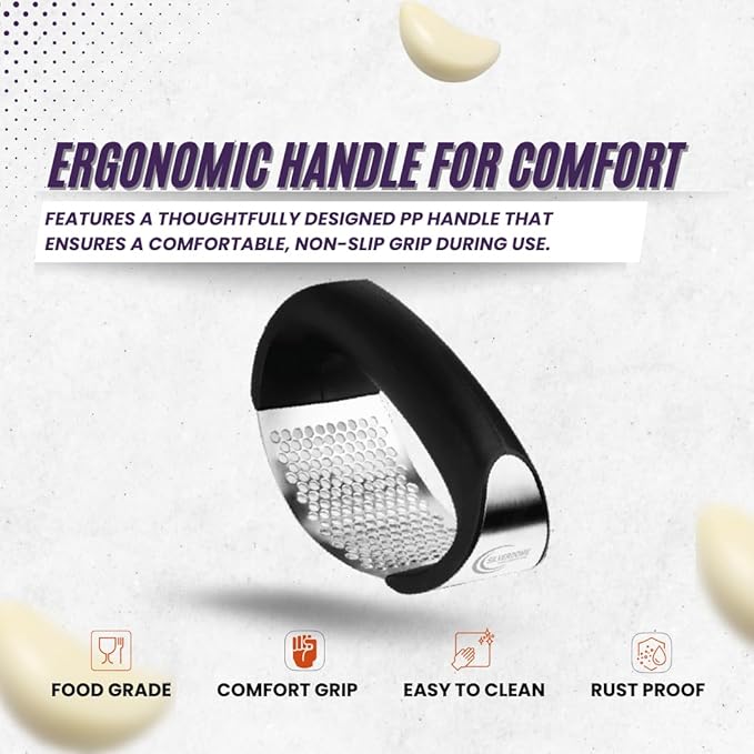 Garlic Press Rocker Set- Premium Garlic Crusher- Innovative & Fast Garlic mincer- Peeler and Scraper Included- Comfortable Grip