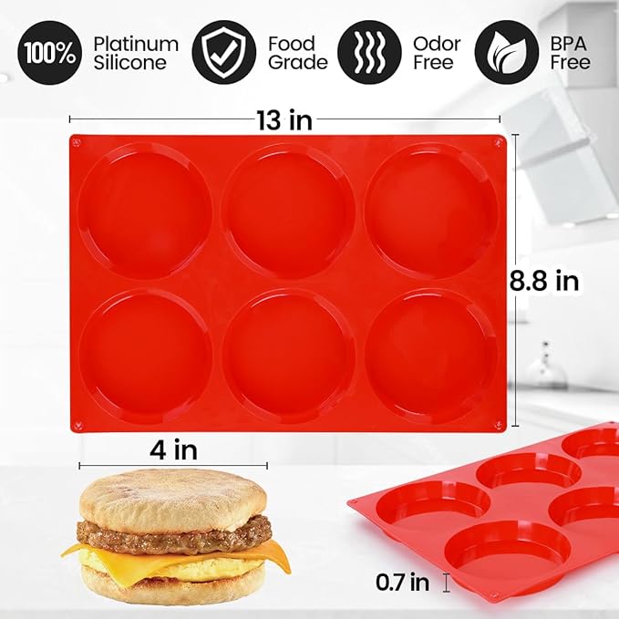 CAKETIME Muffin Top Pan, Jumbo Silicone Egg Molds for Breakfast Sandwiches 4 Inch Round Baking Pan for Oven English Muffins, Whoopie Pies, Corn Bread, Egg bites, Tarts 3 Pack Red