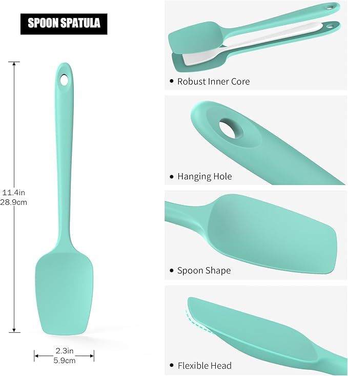 Heat Resistant Silicone Spoon Spatulas, Doosu 600°F High Temp Flexible Cooking Spoons Kitchen Spoonula Scratch-Proof for Mixing Stirring Scraping Serving Non-Stick Cookware (Set of 3, Aqua Sky)